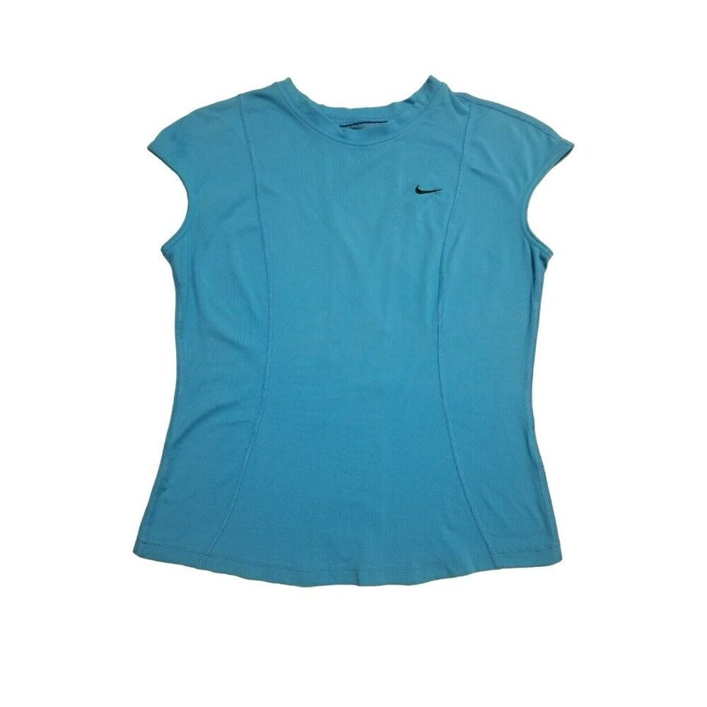 Nike's Fit Dry Junior Sz Medium Blue Shirt With Cap Sleeves Vented Back Panel